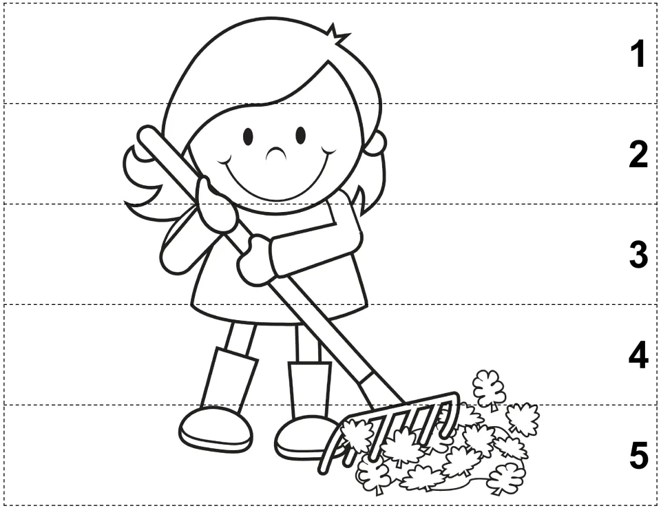 Autumn color, cut, and glue puzzle of a girl raking fallen leaves into a pile, with pieces numbered 1–5