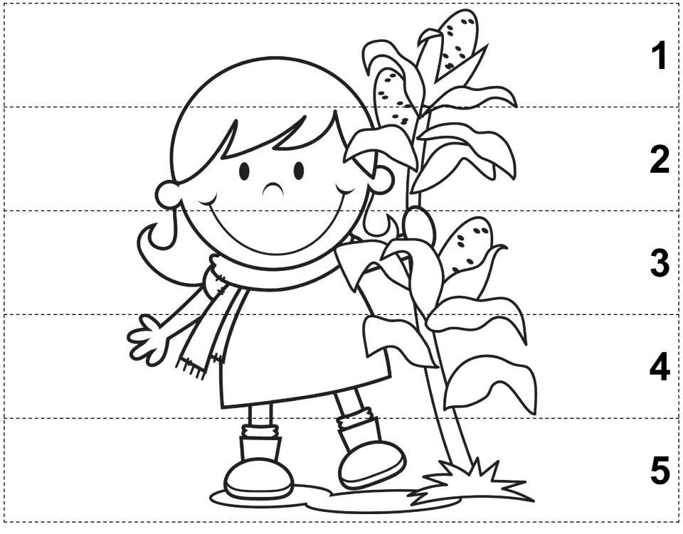 Autumn color, cut, and glue puzzle of a girl standing beside a cornstalk, with five pieces numbered 1–5