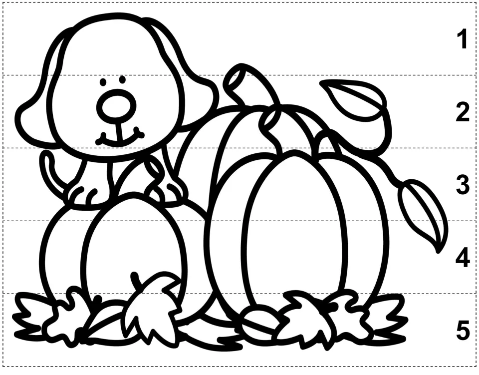 Autumn color, cut, and glue puzzle of a dog sitting on a pumpkin among leaves, with pieces numbered 1–5