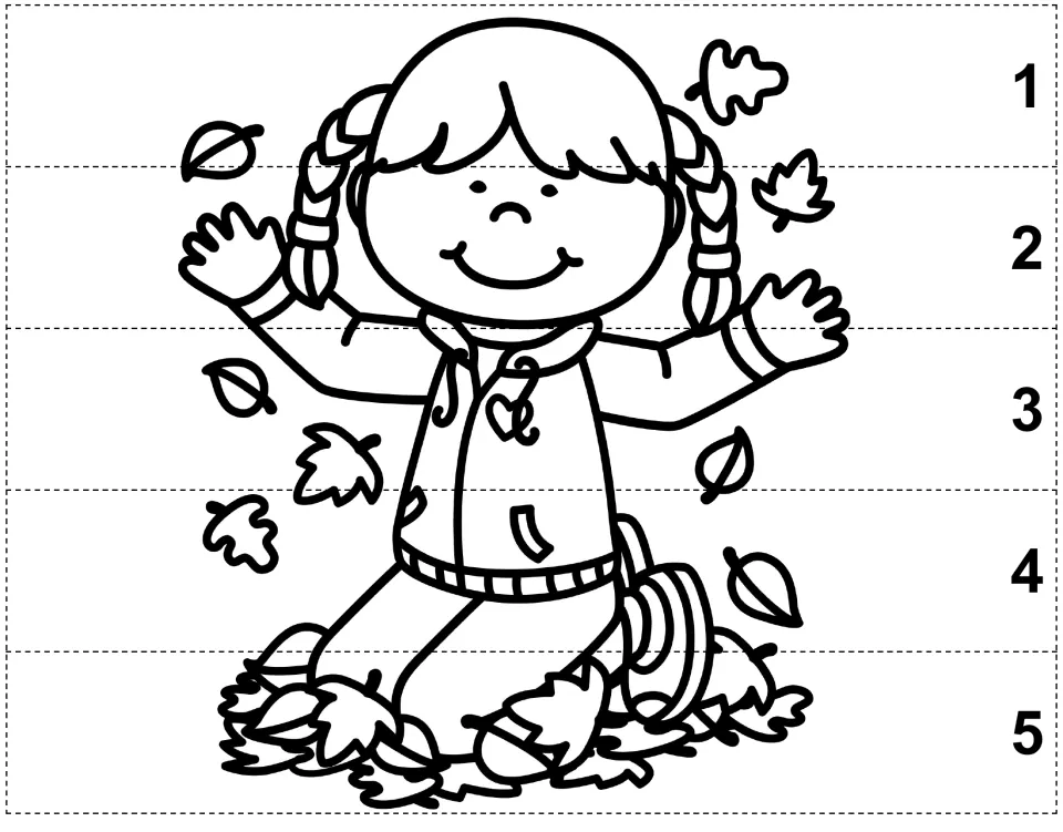 Autumn color, cut, and glue puzzle of a girl kneeling in a pile of fallen leaves, with pieces numbered 1–5