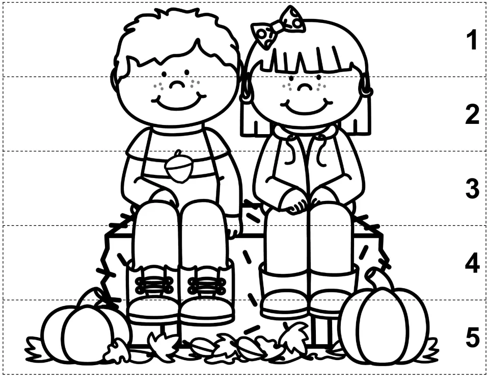 Autumn color, cut, and glue puzzle of two children on a hay bale beside pumpkins, with pieces numbered 1–5