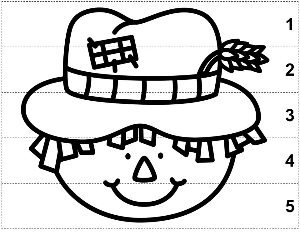 Autumn color, cut, and glue puzzle of a smiling scarecrow wearing a patched hat, with pieces numbered 1–5