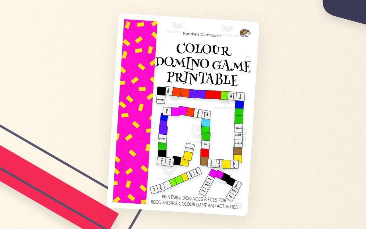 Colour Domino Game printable cover with a sample path made from color-word domino pieces.