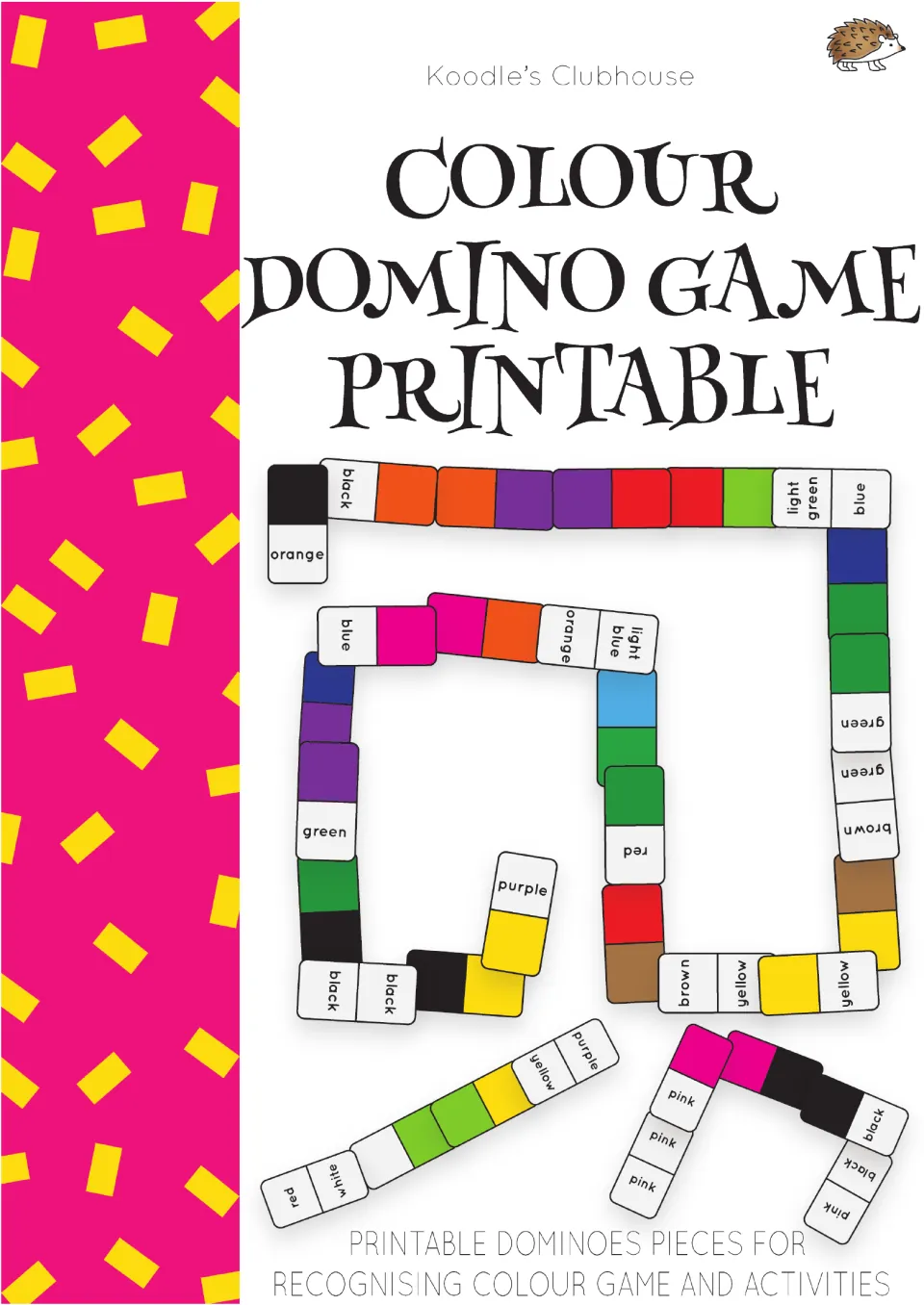 Cover of a domino matching game: laid-out pieces join solid colour halves to halves printed with names like pink and black