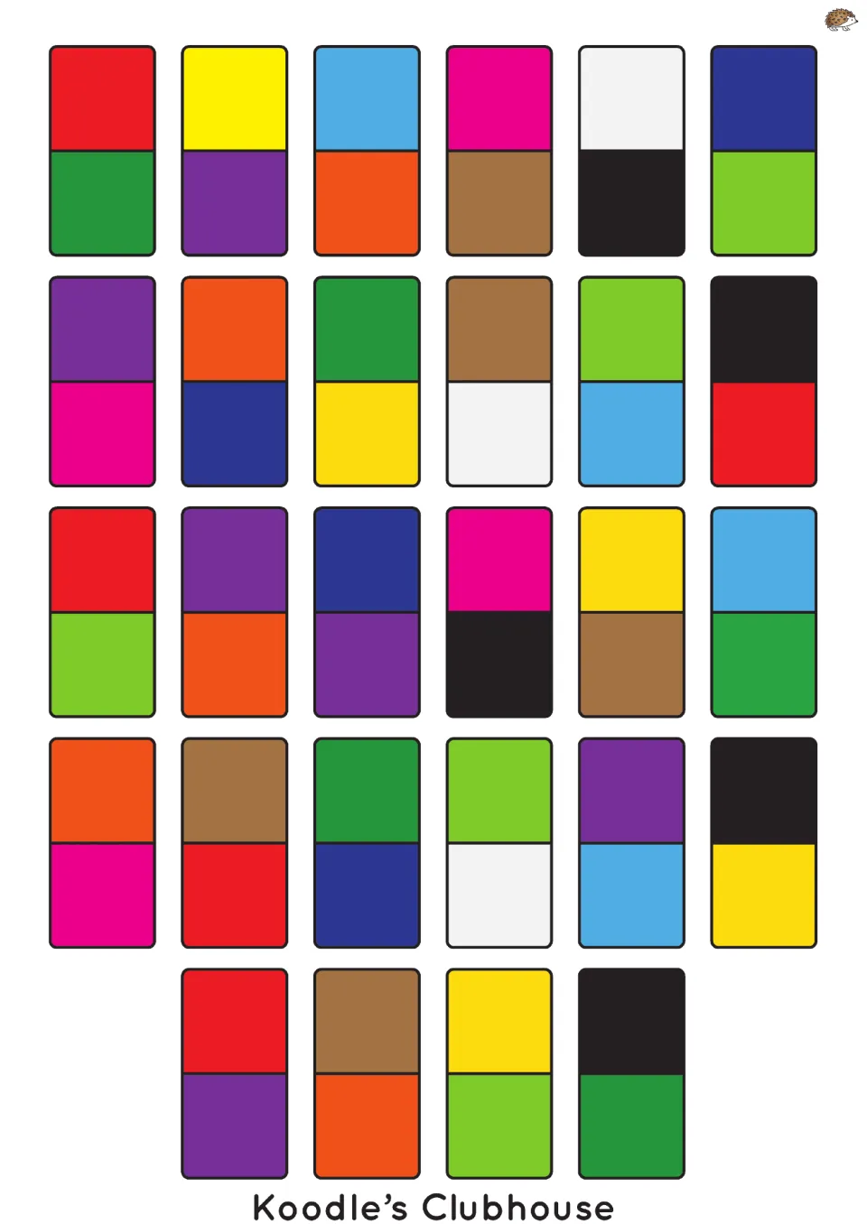 Swatch-only dominoes: 28 pieces pairing two solid halves such as red with green; players join matching ends in a chain