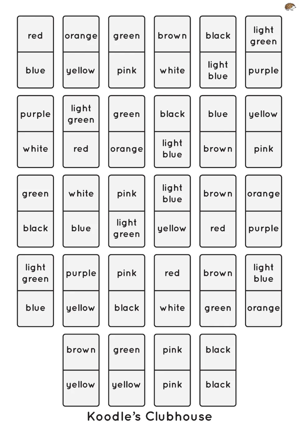Word dominoes: 28 pieces printed with two colour names, like red/blue and light green/purple, for matching by reading