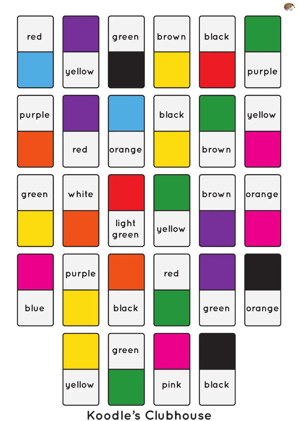 Mixed dominoes: 28 pieces pairing a written name such as red or yellow with a solid swatch, linking words to colours