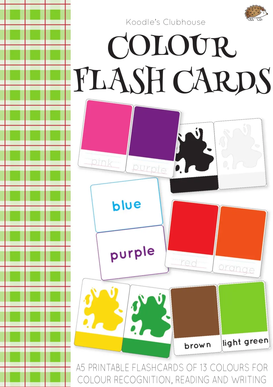Cover of Koodle's Clubhouse A5 printable flashcards of 13 colours for recognition, reading and writing, with sample cards