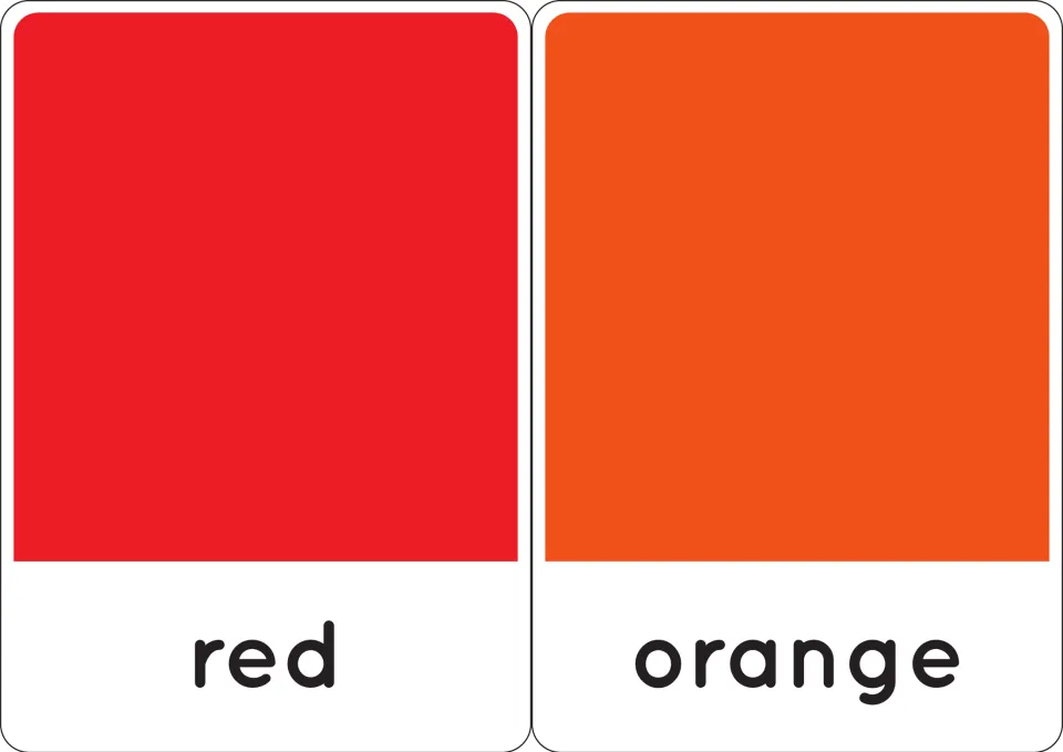 Red and orange naming cards: a solid swatch sits above each printed word so children match the shade to its name
