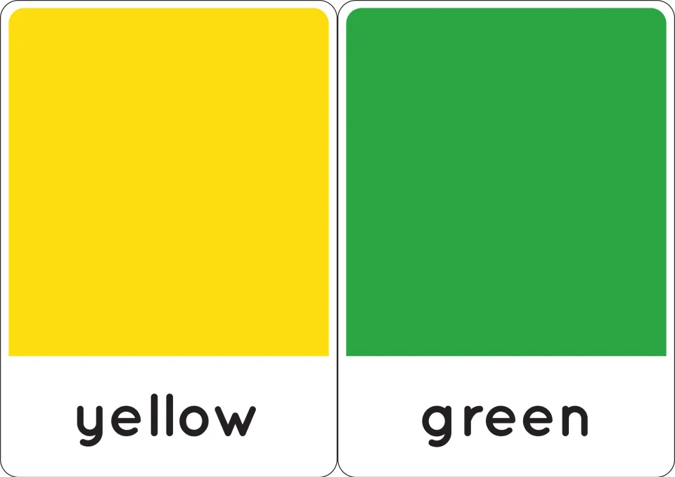 Yellow and green cards: each solid swatch sits above its printed name so children can say and read the word