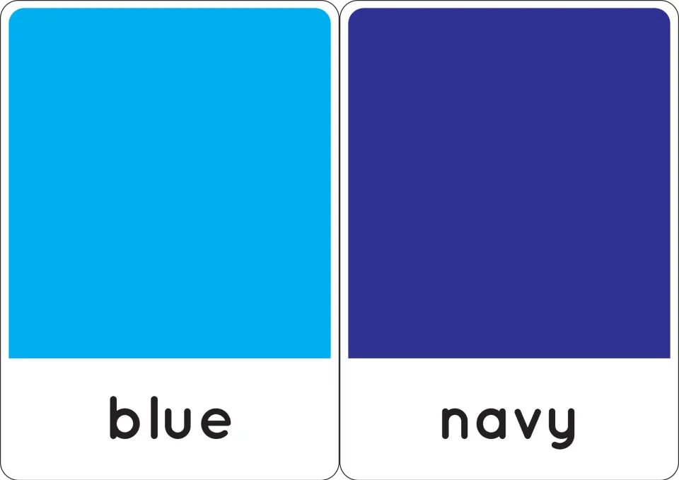 Blue and navy cards contrasting light blue with dark navy, each swatch labeled with its printed name for reading