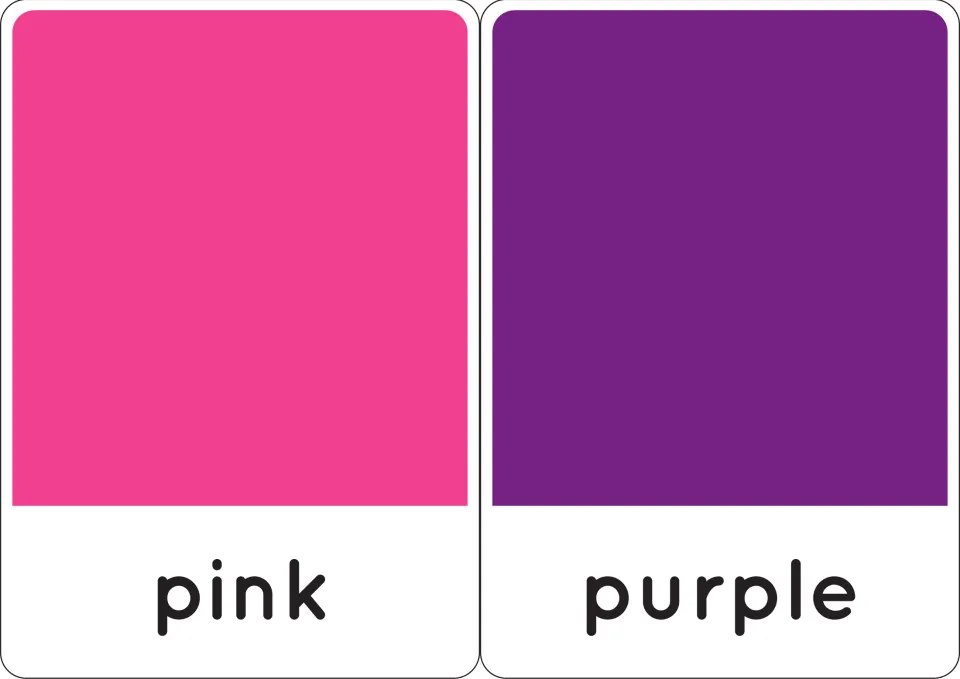 Pink and purple cards: a bright pink swatch and a purple swatch, each with its printed word for colour recognition