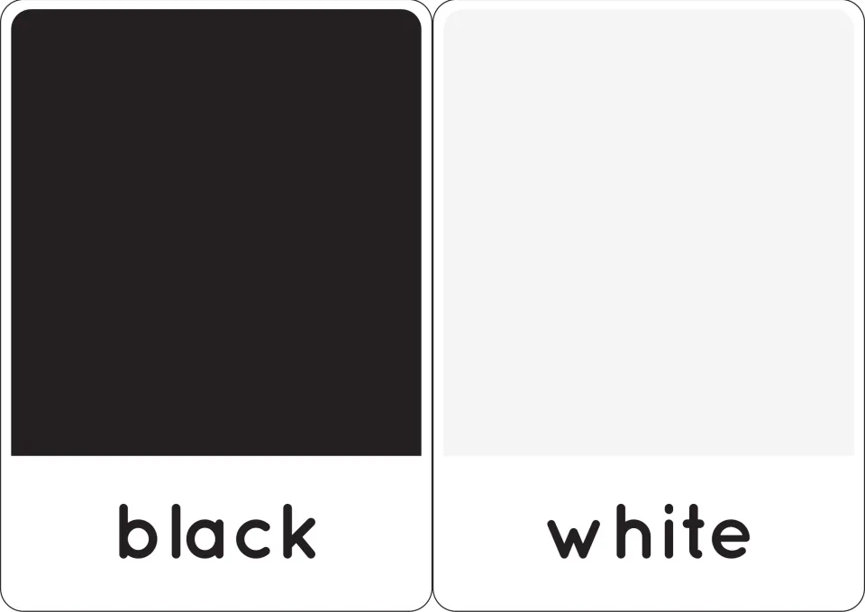 Black and white cards: a black swatch and a pale white swatch, each paired with its printed word for reading