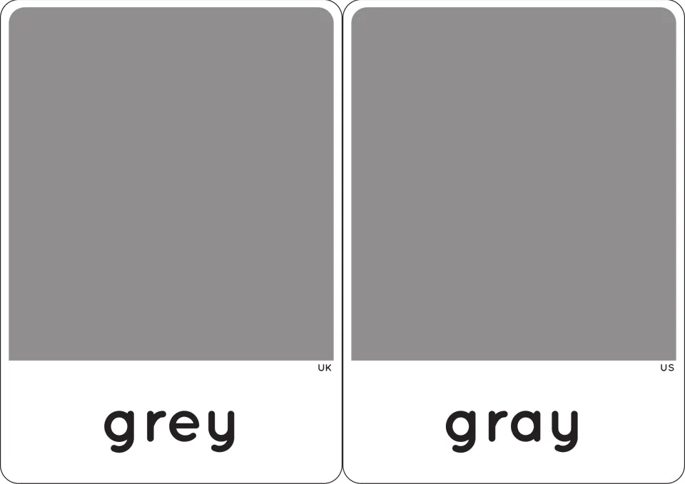 Grey and gray cards: identical swatches marked UK and US, showing both spellings of the same colour word