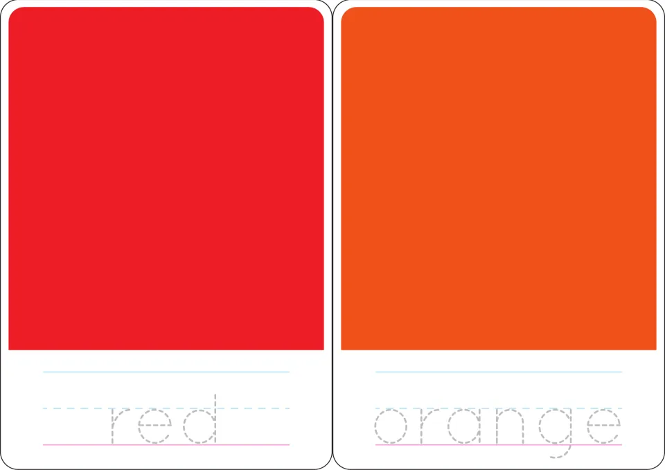 Word tracing cards: students trace dotted red and orange beneath matching swatches to practise writing colour names