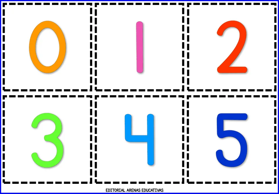 Number flashcards 0, 1, 2, 3, 4, and 5 in color, forming the first sheet of six cards to print and cut out.