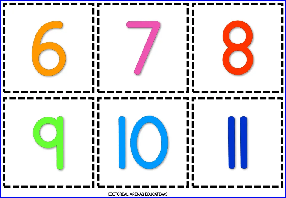 Number flashcards 6, 7, 8, 9, 10, and 11 in color, forming the second sheet of six cards to print and cut out.