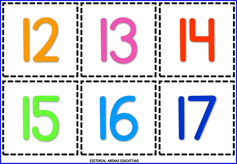 Number flashcards 12, 13, 14, 15, 16, and 17 in color, forming the third sheet of six cards to print and cut out.