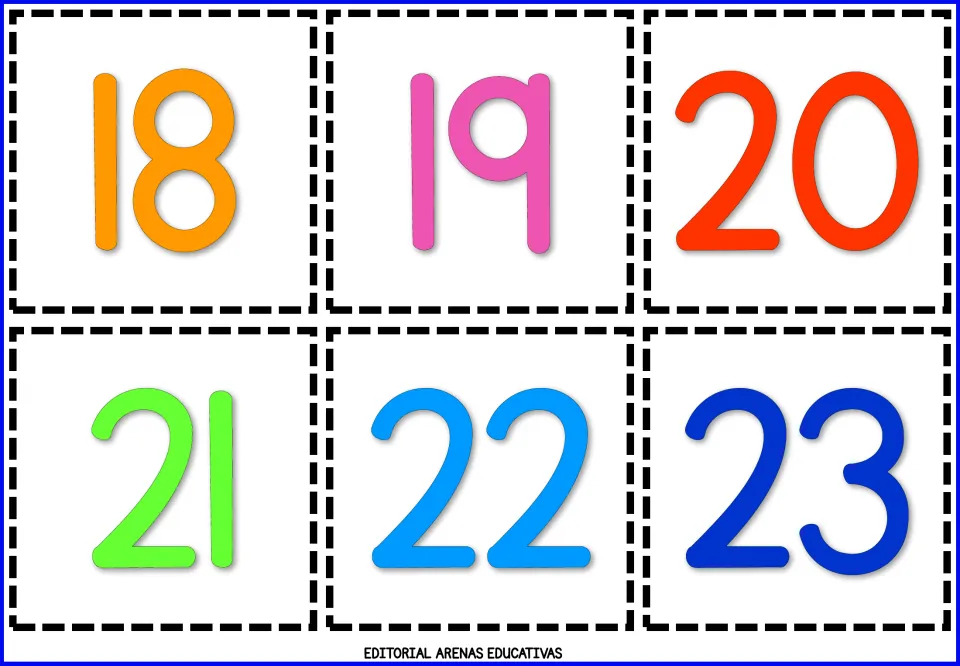 Number flashcards 18, 19, 20, 21, 22, and 23 in color, forming the fourth sheet of six cards to print and cut out.