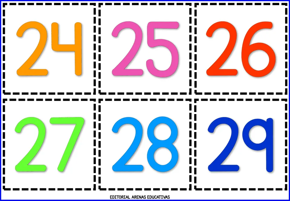 Number flashcards 24, 25, 26, 27, 28, and 29 in color, forming the fifth sheet of six cards to print and cut out.