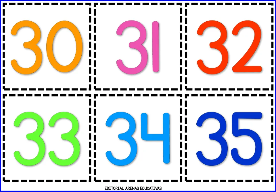 Number flashcards 30, 31, 32, 33, 34, and 35 in color, forming the sixth sheet of six cards to print and cut out.
