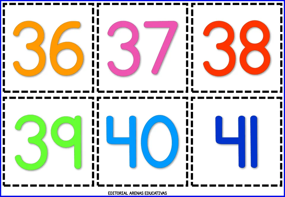 Number flashcards 36, 37, 38, 39, 40, and 41 in color, forming the seventh sheet of six cards to print and cut out.