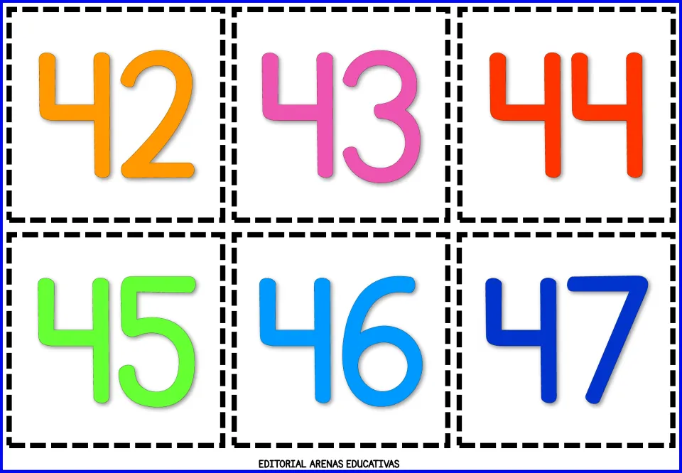 Number flashcards 42, 43, 44, 45, 46, and 47 in color, forming the eighth sheet of six cards to print and cut out.