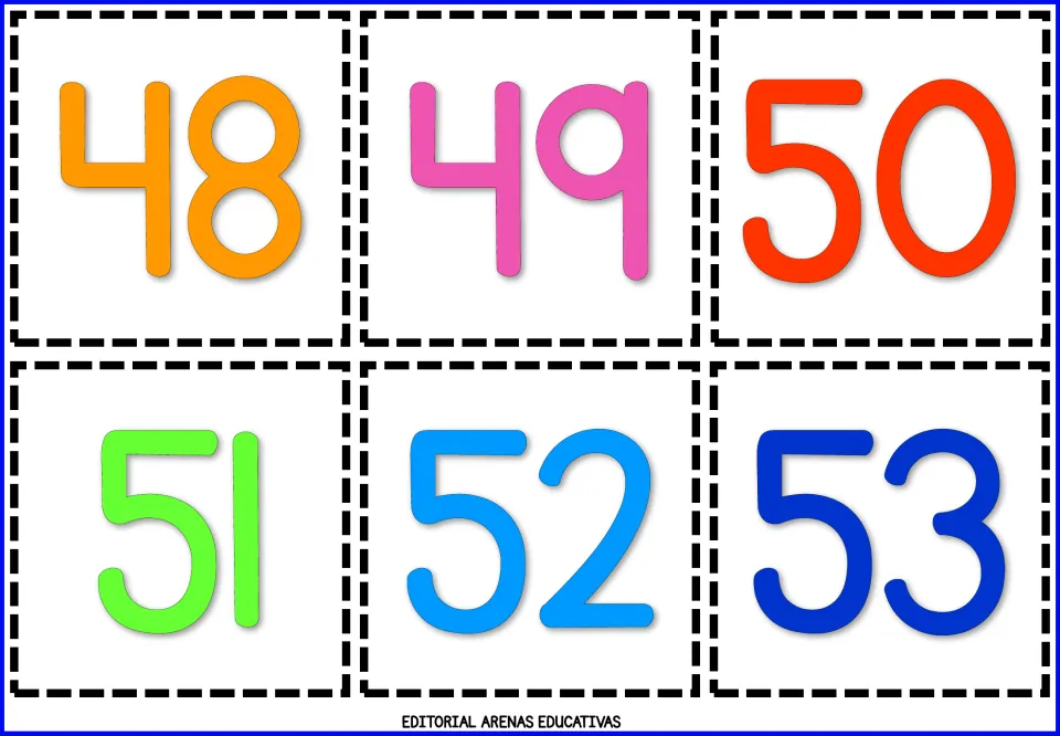 Number flashcards 48, 49, 50, 51, 52, and 53 in color, forming the ninth sheet of six cards to print and cut out.