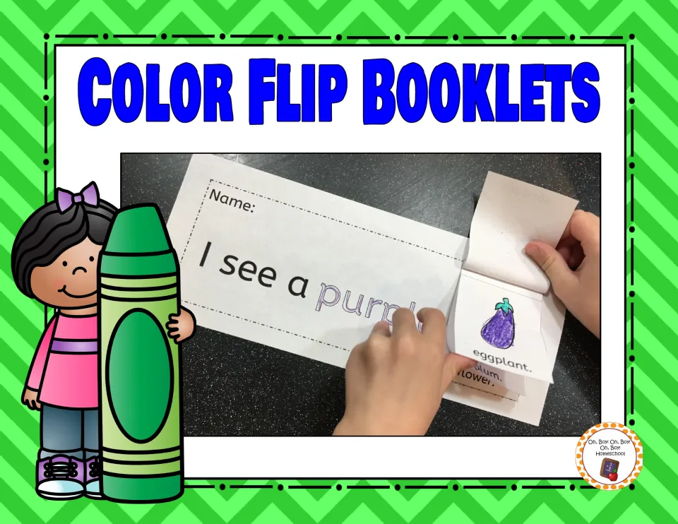 Color Flip Booklets cover, showing a finished purple booklet that reads 'I see a purple' with an eggplant flap