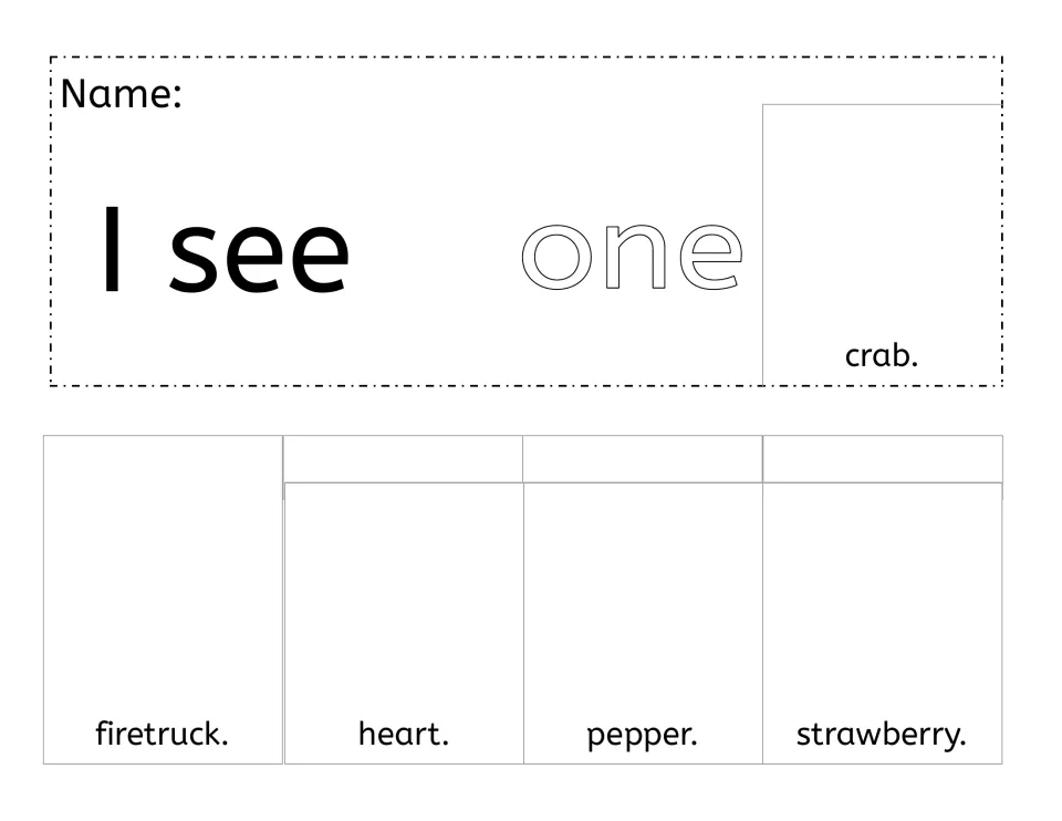 Booklet page 'I see one' with crab, then firetruck, heart, pepper and strawberry flip pages; pictures blank