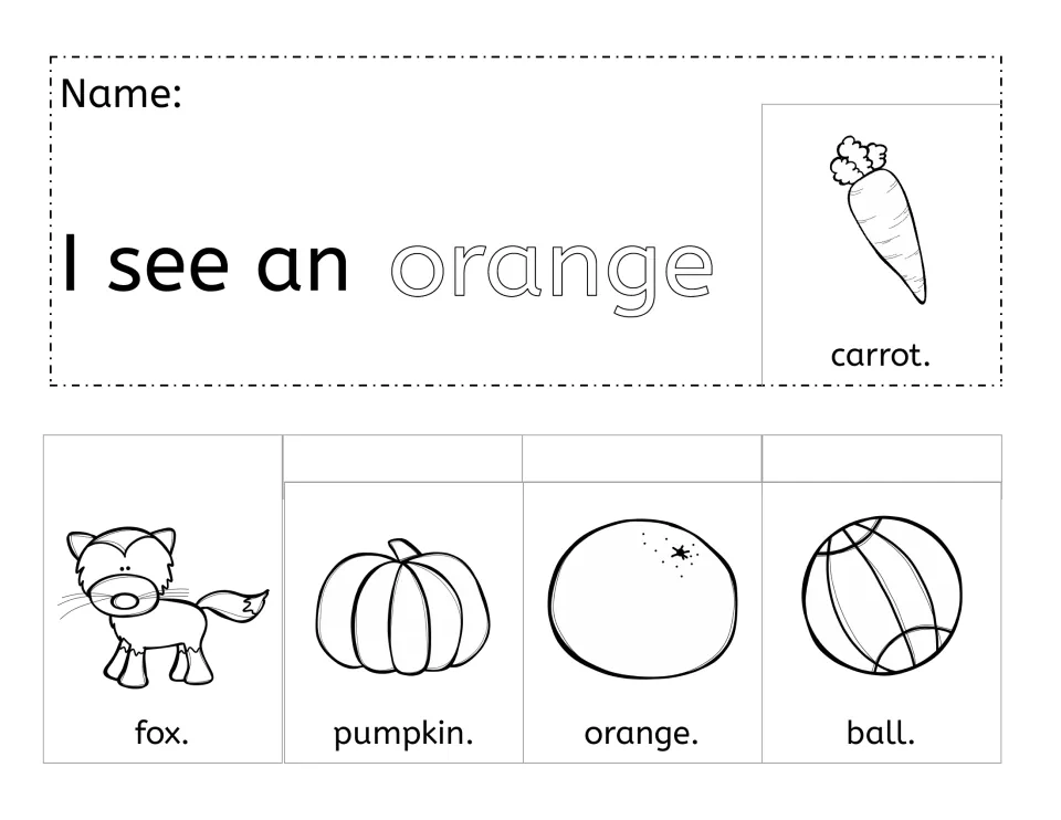 Orange booklet: 'I see an orange carrot.' plus fox, pumpkin, orange and ball pictures to color, cut and staple