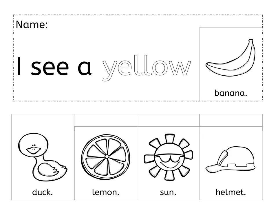Yellow booklet: 'I see a yellow banana.' plus duck, lemon, sun and helmet pictures to color, cut and staple
