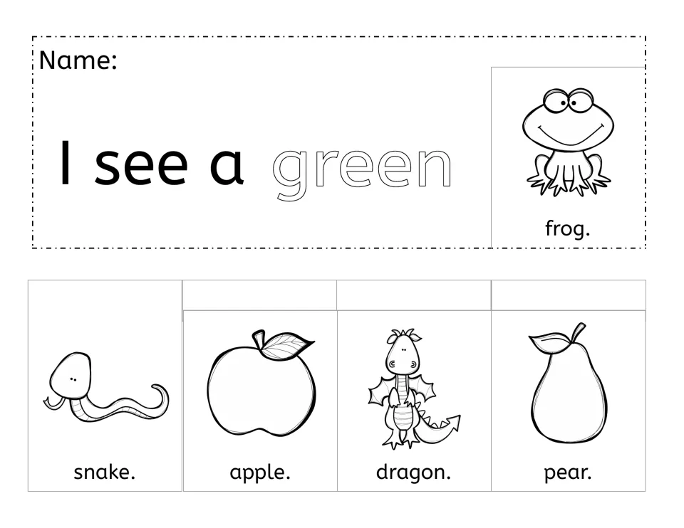Green booklet: 'I see a green frog.' plus snake, apple, dragon and pear flip pictures to color and cut out