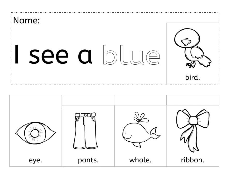 Blue booklet: 'I see a blue bird.' with eye, pants, whale and ribbon pictures that flip over the last word