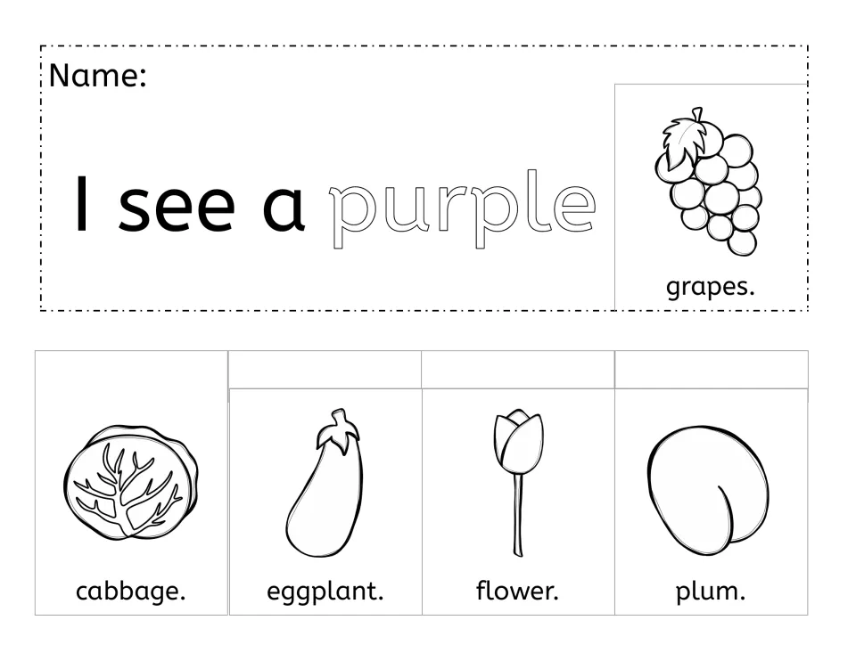 Purple booklet: 'I see a purple grapes.' with cabbage, eggplant, flower and plum pictures to color and staple