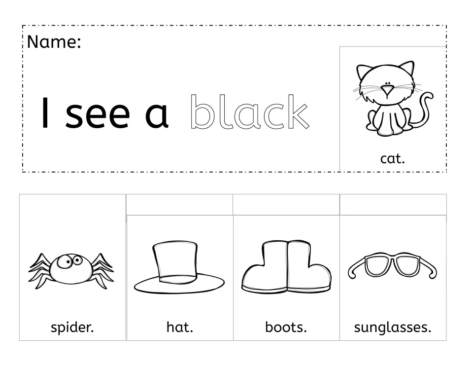 Black booklet: 'I see a black cat.' plus spider, hat, boots and sunglasses flip pictures to color and cut