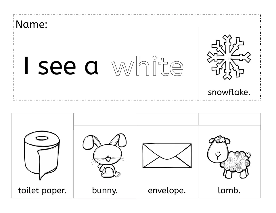 White booklet: 'I see a white snowflake.' plus toilet paper, bunny, envelope and lamb pictures to cut out