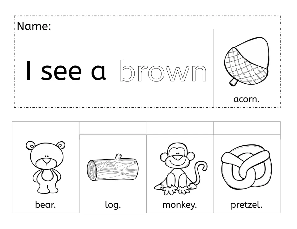 Brown booklet: 'I see a brown acorn.' with bear, log, monkey and pretzel pictures to color, cut and staple