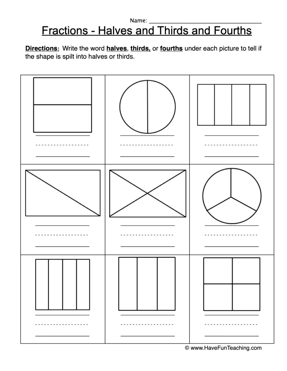 Naming equal parts: students write halves, thirds or fourths under each of 9 split circles, rectangles and squares