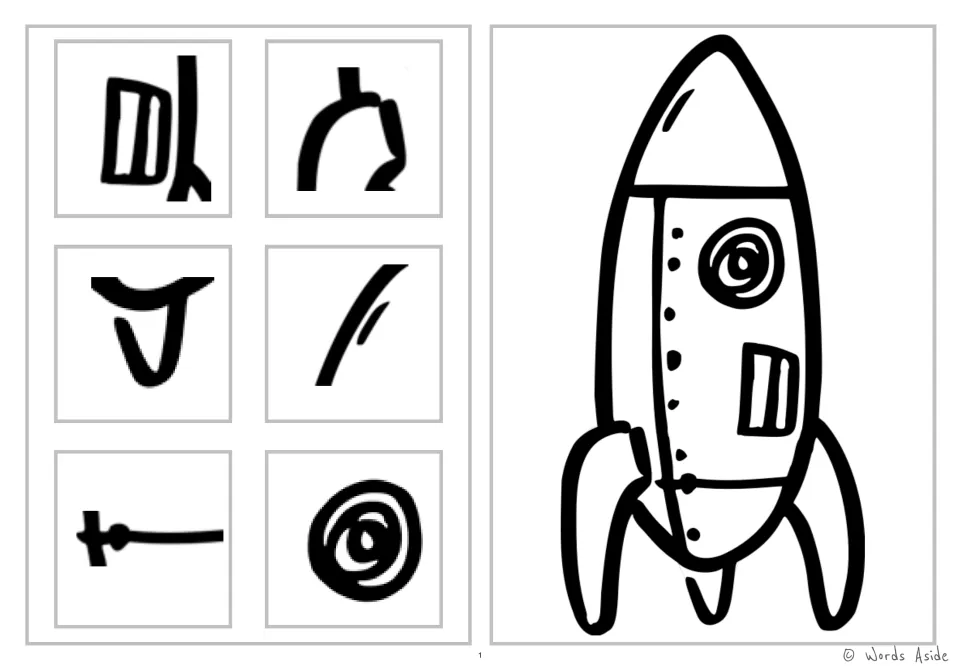 Rocket coloring and detail-spotting worksheet with six snippets showing its window, fins, nose and body