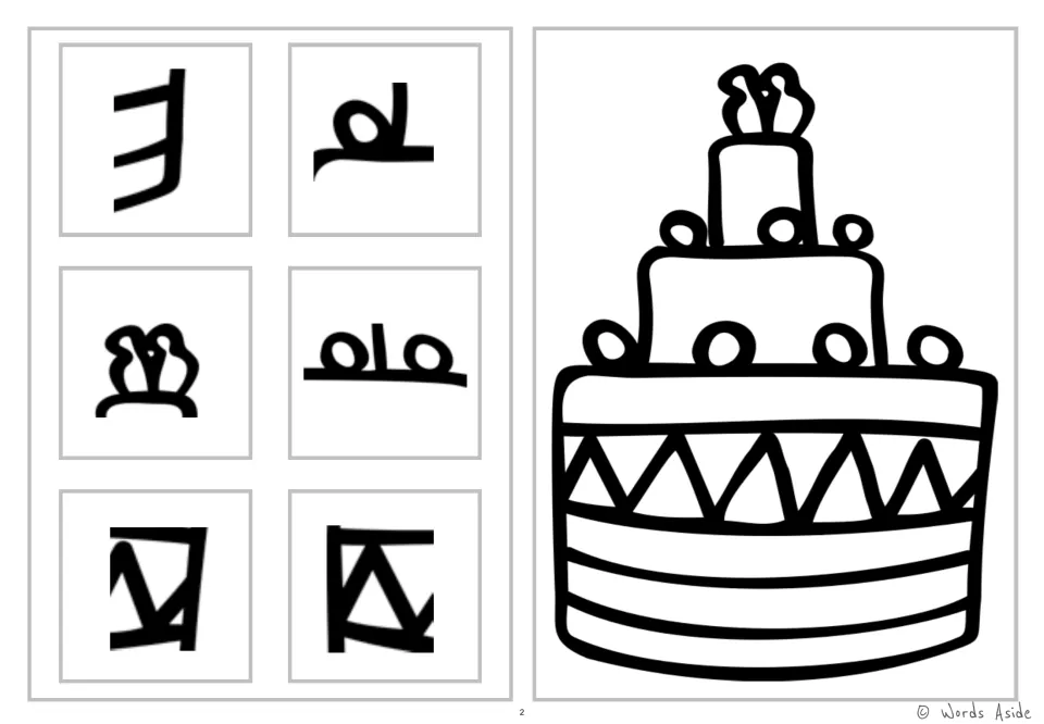 Tiered cake coloring and detail-spotting worksheet with six snippets of candles, round decorations and trim
