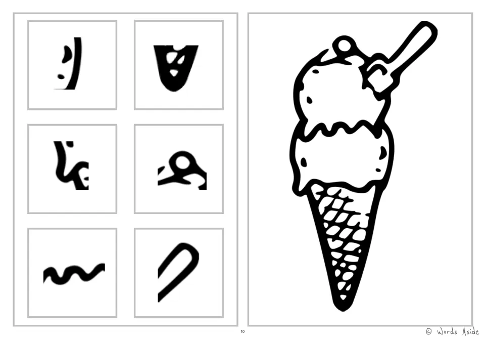 Ice cream cone coloring and detail-spotting worksheet with six snippets of scoops, cone texture and spoon