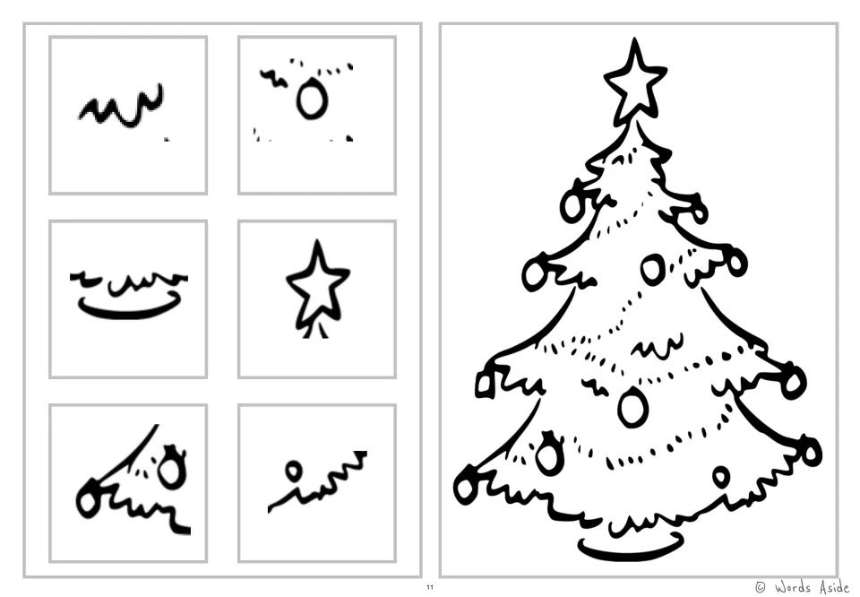 Christmas tree coloring and detail-spotting worksheet with six snippets of its star, ornaments and branches