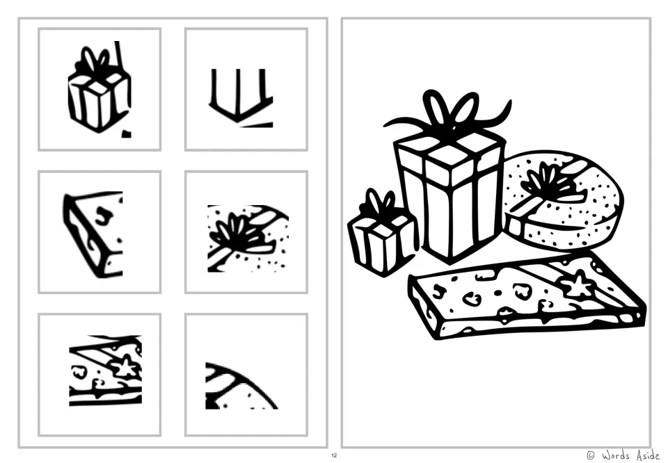Wrapped gifts coloring and detail-spotting worksheet with six snippets of bows, package corners and patterns