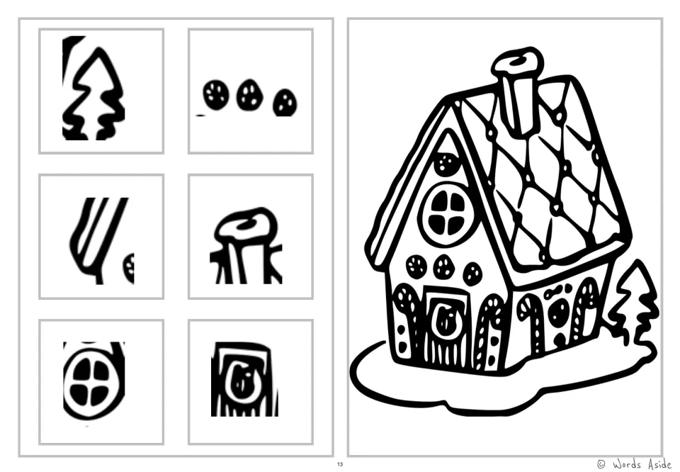 Gingerbread house coloring and detail-spotting worksheet with six snippets of its chimney, window and more