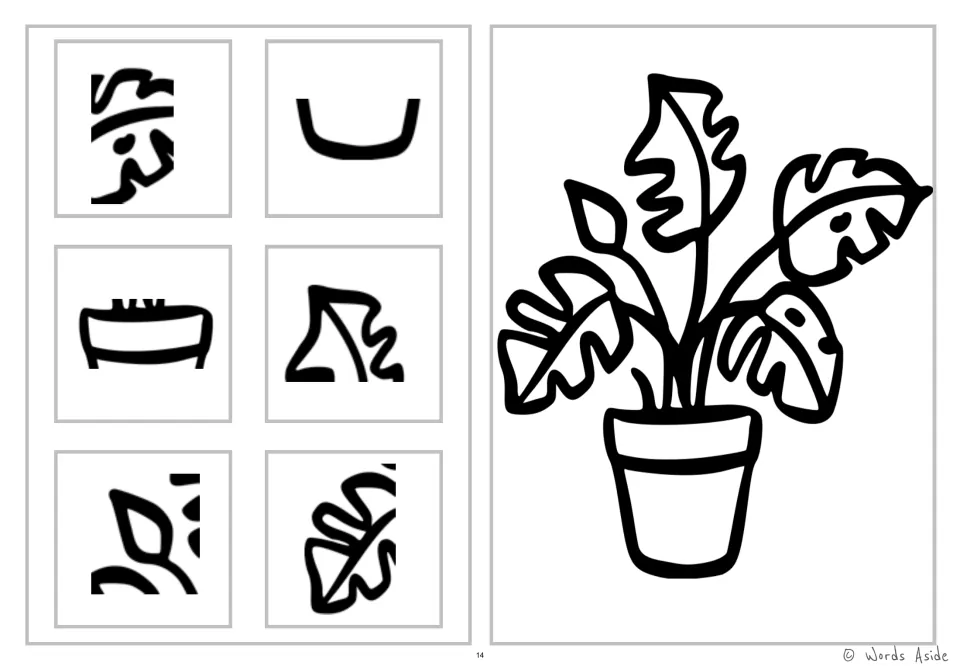 Potted plant coloring and detail-spotting worksheet with six snippets showing leaf shapes and pot details