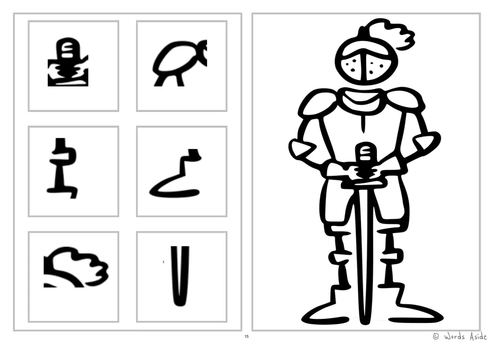 Knight coloring and detail-spotting worksheet with six snippets showing its sword, armor, boot and plume