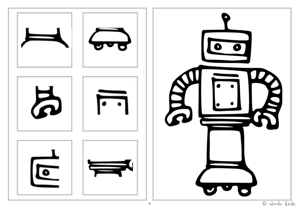 Robot coloring and detail-spotting worksheet with six snippets showing its face, claw, chest and lower body