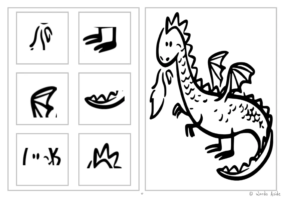 Dragon coloring and detail-spotting worksheet with six snippets showing its flame, feet, wing, tail and head