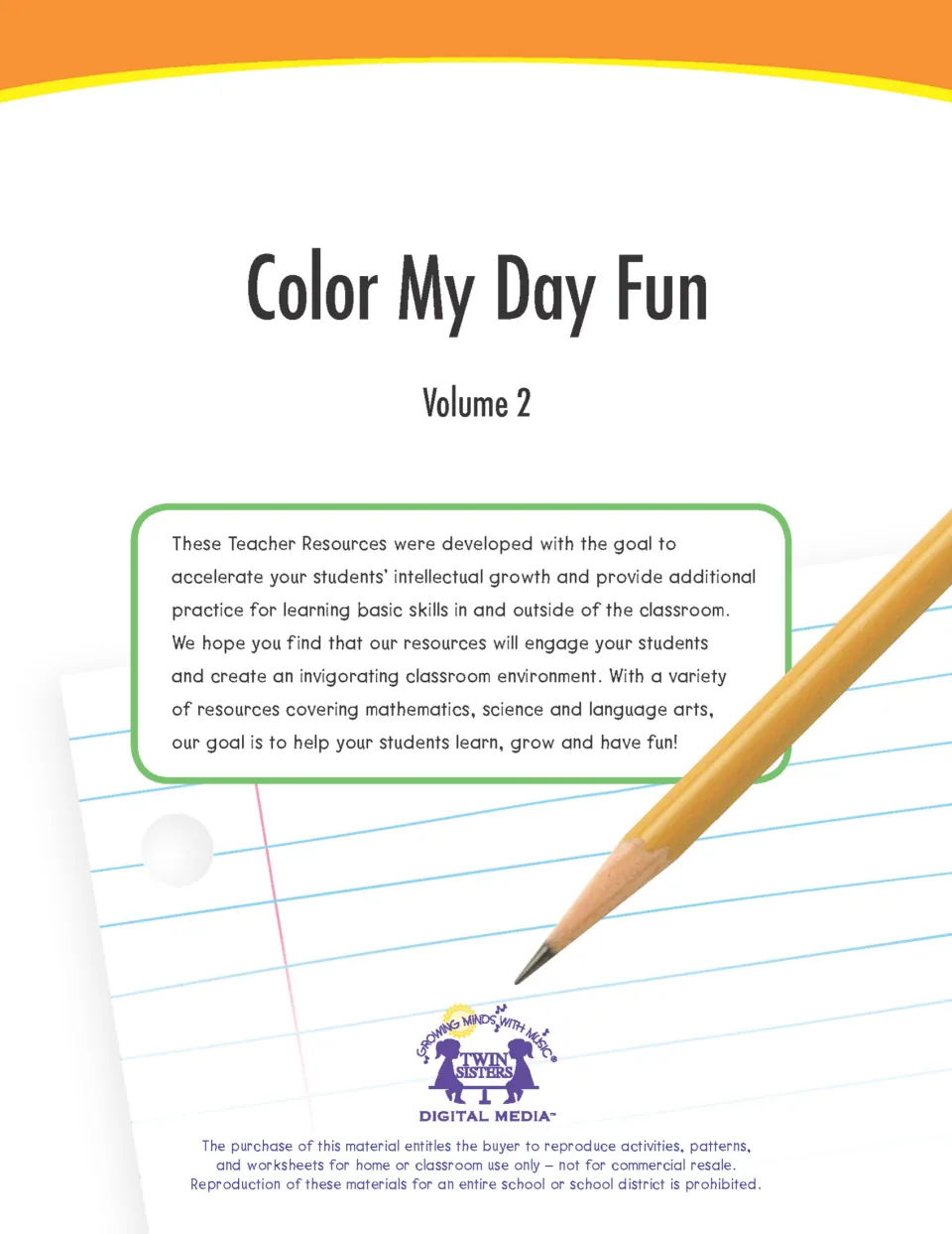 Cover of Color My Day Fun Volume 2 Activity Book, with a teacher resource introduction and reproduction terms